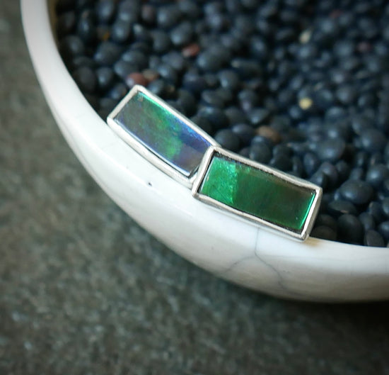 Mermaid’s Emeralds — Ammolite Earring Studs in Sterling Silver