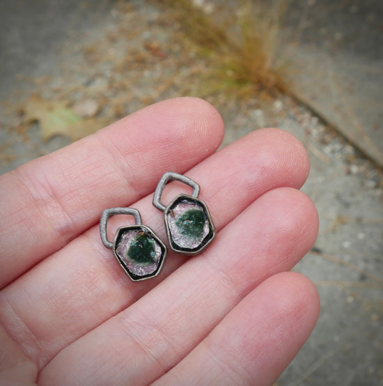 Watermelon Chunks — A Pair of Watermelon Tourmaline Stud Earrings in Oxidized Sterling Silver