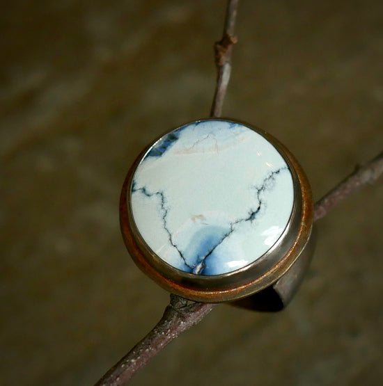 Lightning Strike — A Polychrome White River Statement Ring in Oxidized Sterling Silver — Size 8