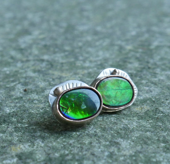 Alligator Eyes — A Pair of Ammolite Stud Earrings in Sterling Silver and 14kt Gold