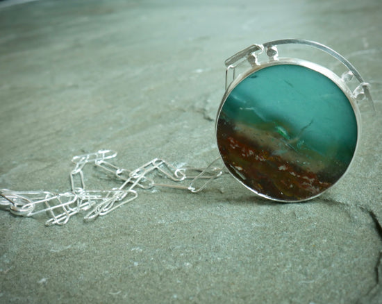 Underwater Mountain — A Scenic Opalized Petrified Wood Pendant Necklace in Sterling Silver
