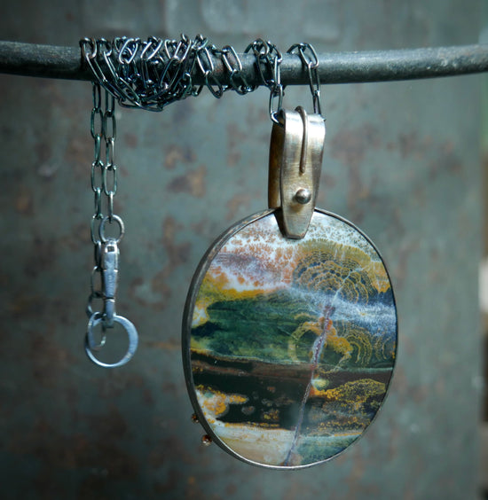 Up with the Morning Dew — An Opalized Petrified Wood Pendant Necklace in Oxidized Silver and 14kt Gold