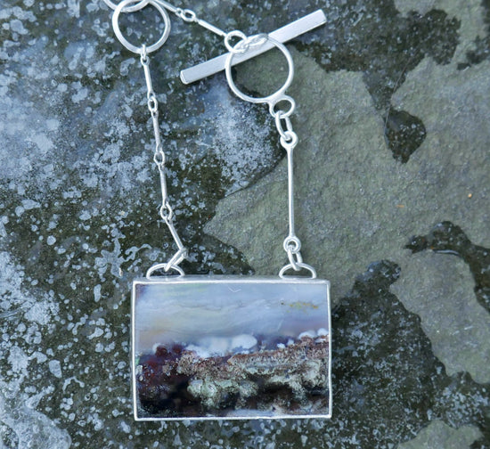 Snow Capped — A Garden Moss Agate Landscape Pendant Necklace in Sterling Silver