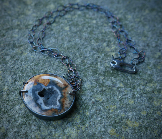 Mystic Vortex — A Druzy Maligano Jasper Pendant Necklace in Oxidized Sterling Silver