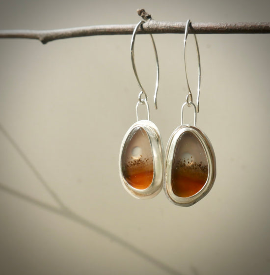 Deep in The Golden Hour — A Pair of Montana Agate Landscape Earrings in Sterling Silver and Gold