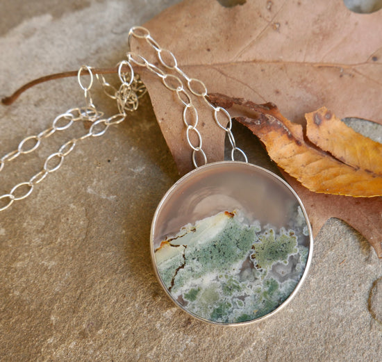 Moon Glow — A Large Moss Agate Landscape Pendant Necklace in Sterling Silver