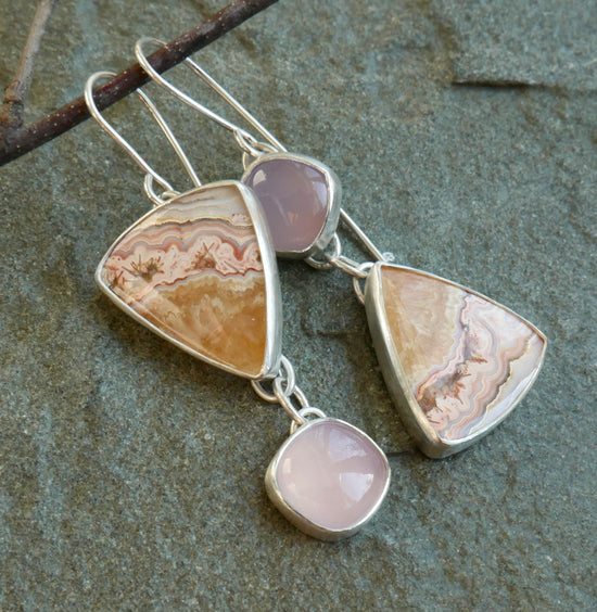 Mauve Mountains — A Pair of Crazy Lace Agate and Lavender Chalcedony Dangle Earrings in Sterling Silver