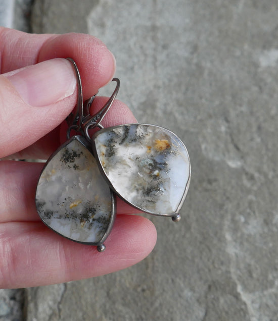 Skating Ponds — An Agate and Pyrite Pair of Dangle Earrings in Oxidized Silver and 14kt Gold