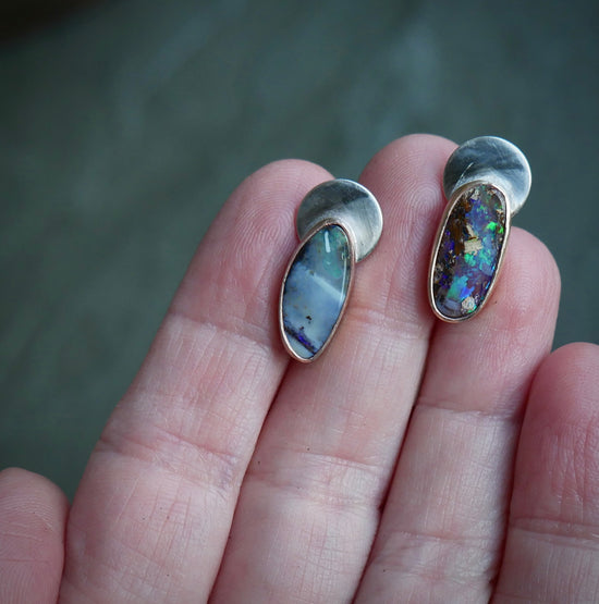 Twinkle Goes the Night — A Pair of Mismatched Boulder Opal Earrings in Sterling Silver and Gold