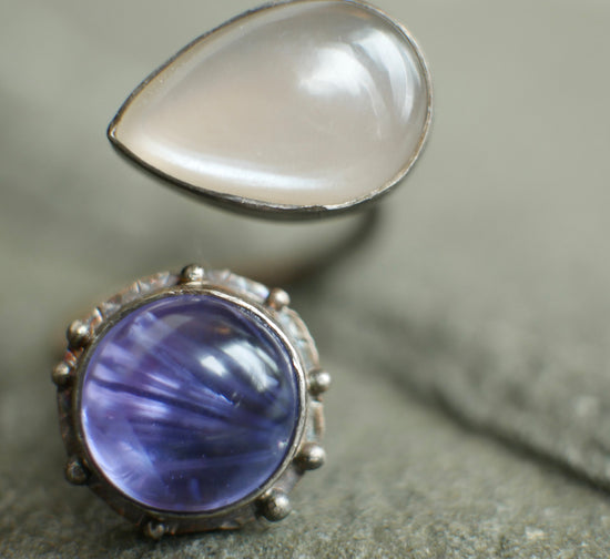 Frozen in Time: Winter Palette — A Bridewell Stone and Grey Moonstone Ring in Oxidized Sterling Silver — Sizes 8 3/4 to 9 1/4