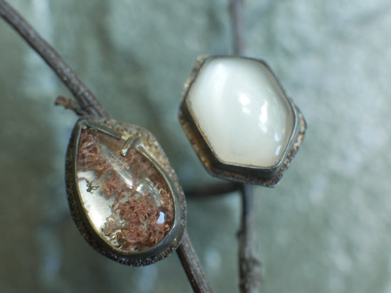 Moonlit Gardens — A Moonstone and Garden Quartz Spilt Shank Satellite Ring in Oxidized Sterling Silver — Size 5