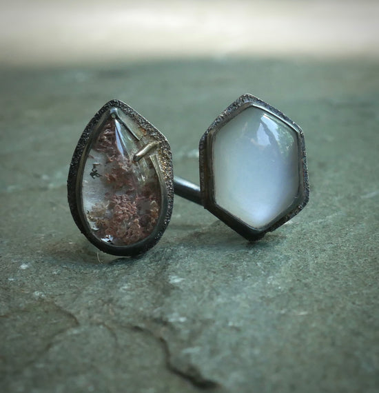 Moonlit Gardens — A Moonstone and Garden Quartz Spilt Shank Satellite Ring in Oxidized Sterling Silver — Size 5