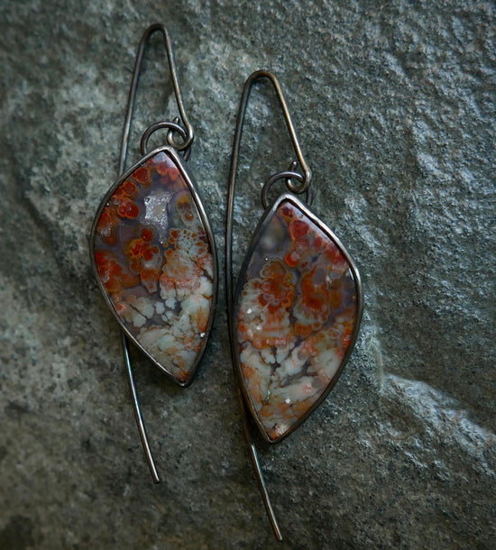 Sugar Maples — A Pair of Plume Opalized Petrified Wood Dangle Earrings in Oxidized Sterling Silver