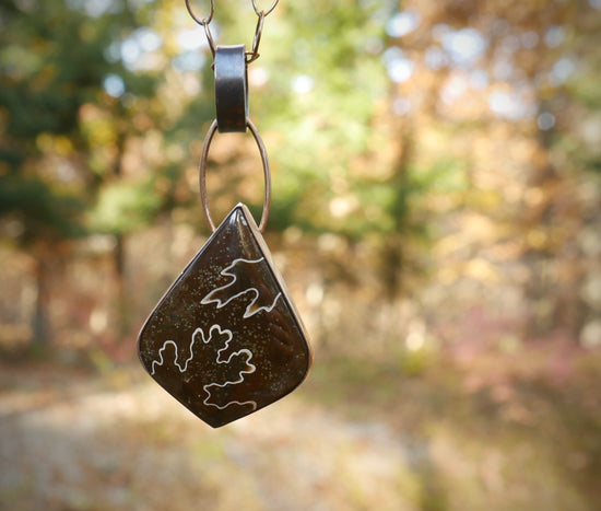 Undulating Relics — A Suture Ammonite Pendant Necklace in Oxidized Silver and Gold
