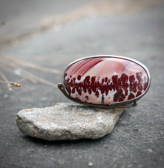 Balance in Burgundy — A Mimbres Valley Apache Sage Rhyolite Ring in Oxidized Sterling Silver — Size 9 to 9 1/4