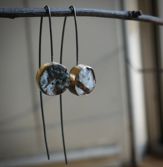 Deep Earth — A Pair of Astrophyllite Drop Earrings in Oxidized Silver and Gold