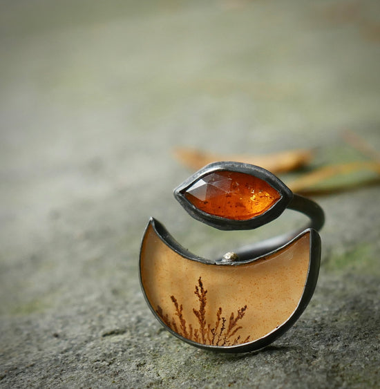 Orange Grove — A Dendritic Agate and Orange Kyanite Ring in Oxidized Sterling Silver and Solid 14kt Gold — Size 8