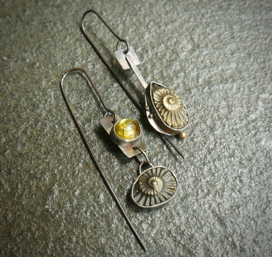 Ancient Seas — Dangle Earrings in Oxidized Sterling Silver and 14kt Gold