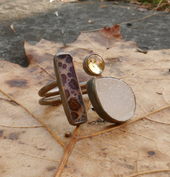 Ode to Autumn — A Dendritic Agate, Quartz Druzy and Citrine Split Ring in Oxidized Sterling Silver — Size 7 to 7 1/2