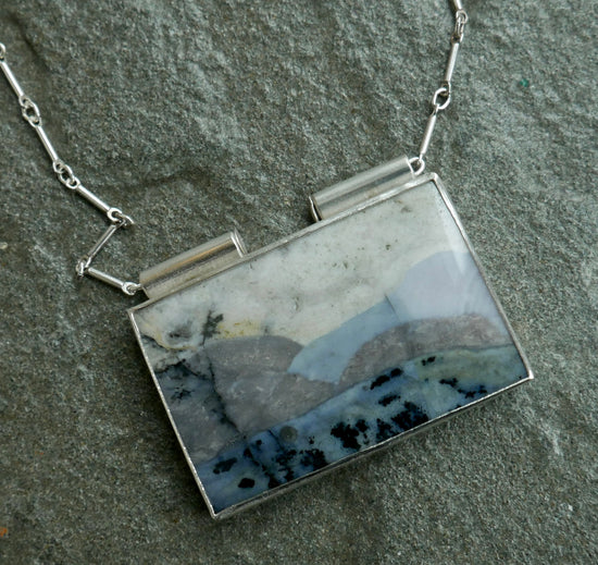 Rocky Mountain High — An Opalized Petrified Wood Landscape Pendant in Sterling Silver