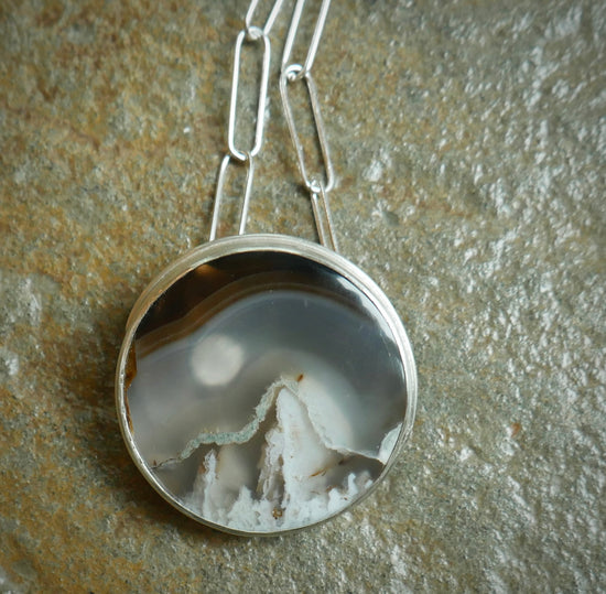 Mountain Clarity — A Plume Agate Landscape Pendant Necklace in Sterling Silver