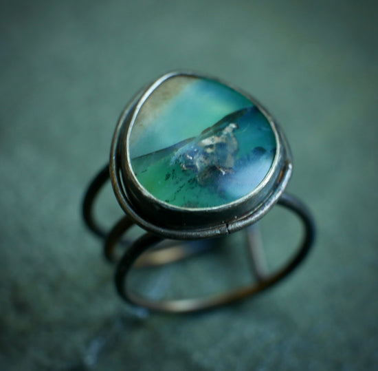 Swirling Galaxies — A Petrified Blue Wood Opal Ring in Sterling Silver — Size 6