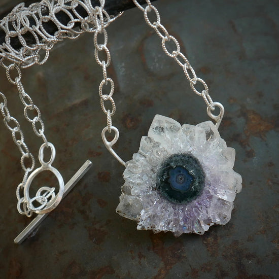 March’s Flower — An Amethyst Stalactite Slice Pendant Necklace in Sterling Silver