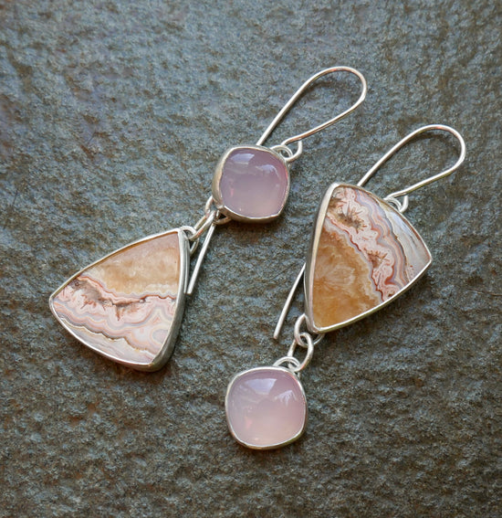 Mauve Mountains — A Pair of Crazy Lace Agate and Lavender Chalcedony Dangle Earrings in Sterling Silver