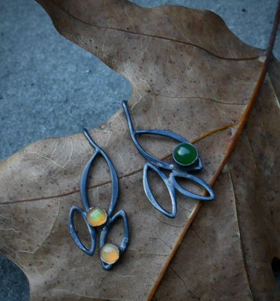 Little Branches — A Ethiopian Opal and Jade Pair of Drop Earrings in Oxidized Sterling Silver