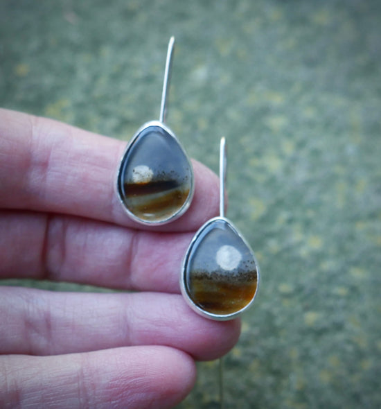 Moon Time Lapse — A Pair of Montana Agate Landscape Drop Earrings in Sterling Silver