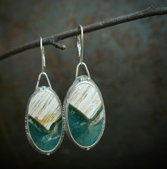 Corn Fields — A Pair of Green Jasper Dangle Earrings in Shiny and Oxidized Sterling Silver