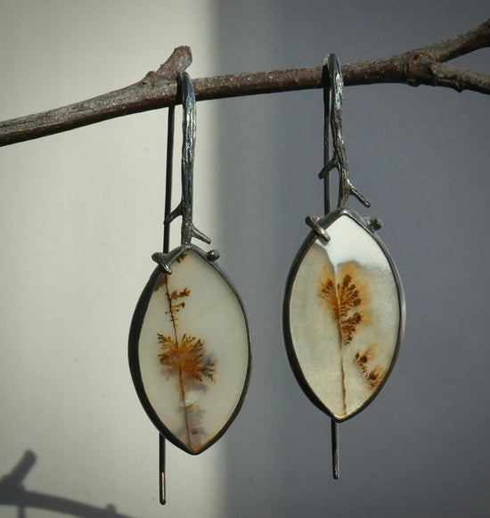 Snow Melt — A Pair of Dendritic Agate Drop Earrings in Oxidized Silver