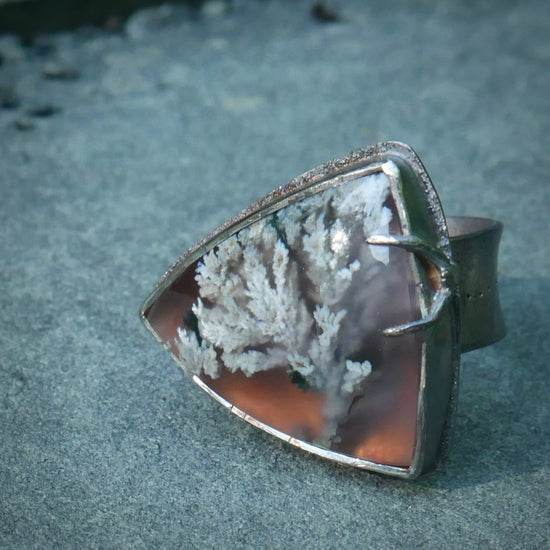Cranberry Bog Ring — A Plume Agate Statement Ring in Oxidized Sterling Silver — Size 9 1/4