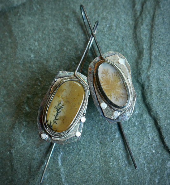 Golden Leaflets — A Pair of Dendritic Agate Dangle Earrings in Sterling Silver and Gold