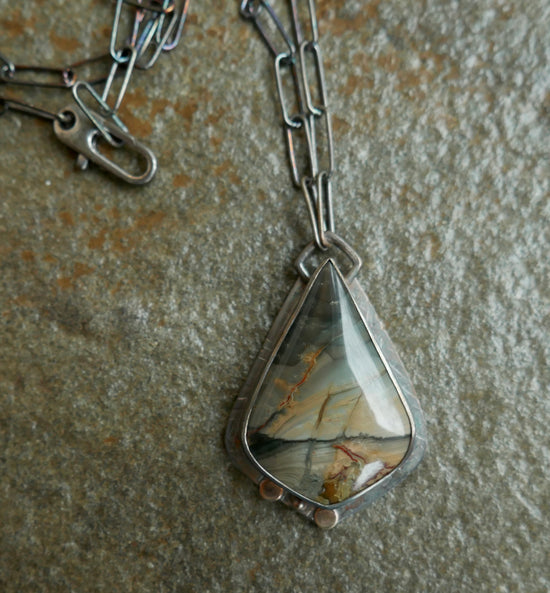 On the High Seas — A Landscape Blue Mountain Jasper Pendant Necklace in Oxidized Silver and 14kt Gold