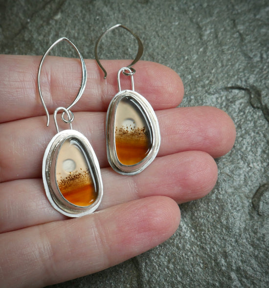 Deep in The Golden Hour — A Pair of Montana Agate Landscape Earrings in Sterling Silver and Gold