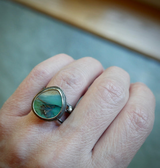 Swirling Galaxies — A Petrified Blue Wood Opal Ring in Sterling Silver — Size 6