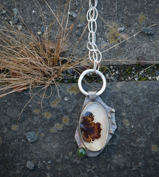Leaf Pile — A Dendritic Agate and Serpentine Pendant Necklace in Oxidized Sterling Silver
