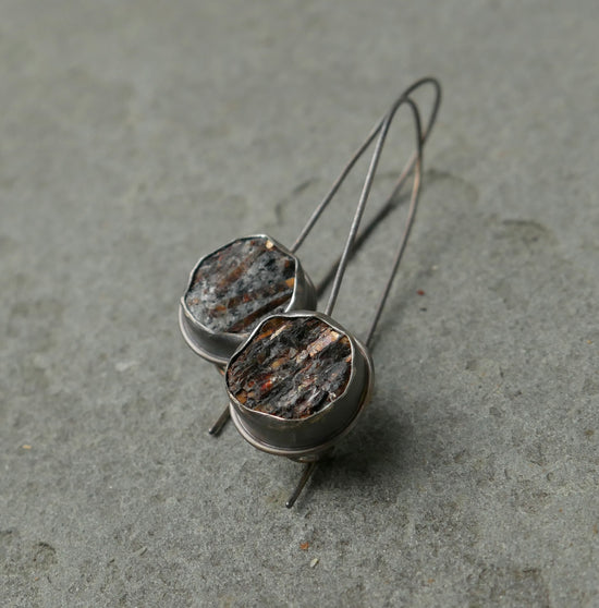 Deep Earth — A Pair of Astrophyllite Drop Earrings in Oxidized Silver and 14kt Gold