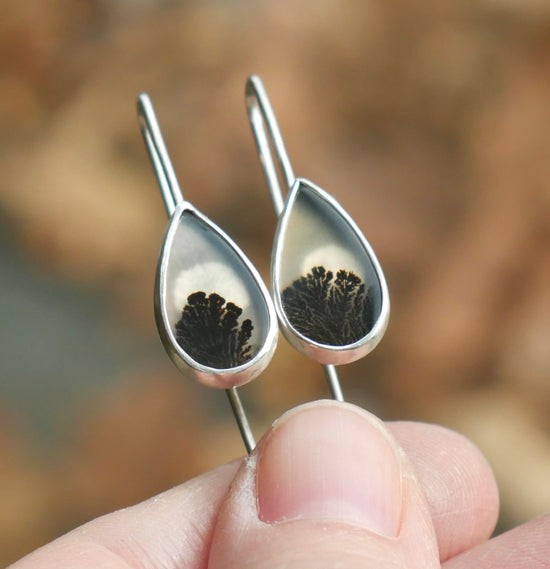 Teardrop Moonrise — A Pair of Dendritic Agate Landscape Drop Earrings in Sterling Silver