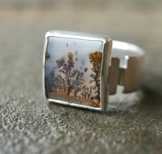 Into the Wonder — A Dendritic Agate Landscape Ring in Sterling Silver — Size 8 1/2