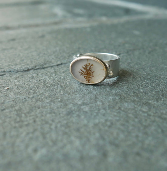 Warming Trend — A Dendritic Agate Adjustable Ring in Sterling Silver and Gold — Sizes 6 1/2 to 8