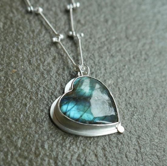 Modern Blues — A Labradorite Heart Pendant Necklace in Sterling Silver and 14kt Gold