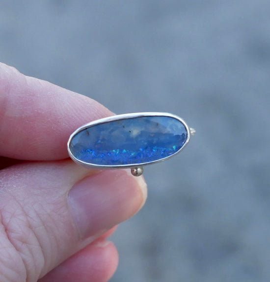 Starry Night and Shimmering Seas — A Boulder Opal Ring in Sterling Silver and 14kt Gold — Size 7 1/2
