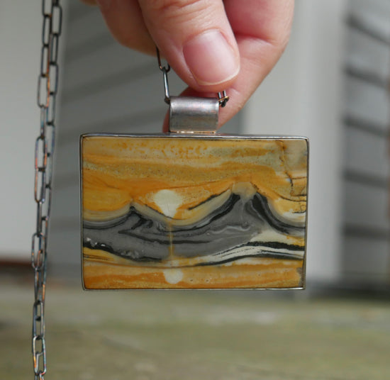 Sun Mountain — A Landscape Java Jasper Pendant Necklace in Oxidized Sterling Silver