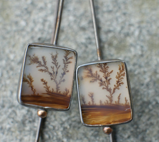 Spring’s Horizon — A Pair of Dendritic Agate Drop Earrings in Oxidized Silver and 14kt Gold
