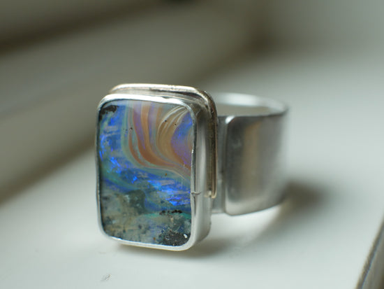 Renaissance Sky — A Landscape Boulder Opal Statement Ring in Sterling Silver and 14kt Gold — Size 9