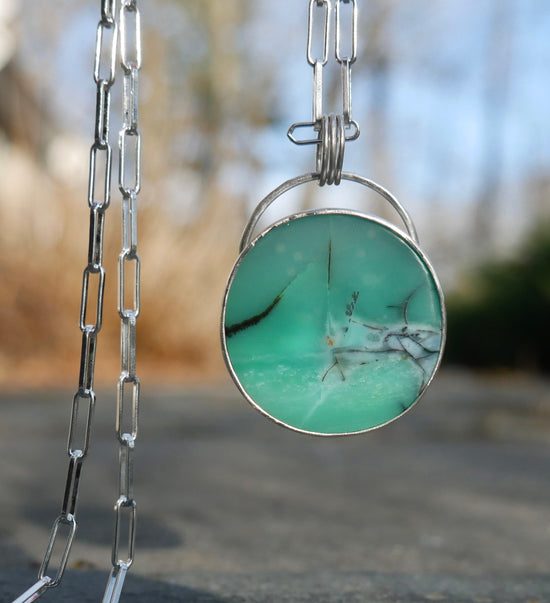 Into the Deep Blue — A Blue Opalized Wood Pendant Necklace in Sterling Silver