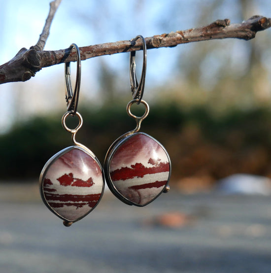 A Somewhere World — A Pair of Landscape Jasper Dangle Earrings in Oxidized Sterling Silver and 14kt Gold