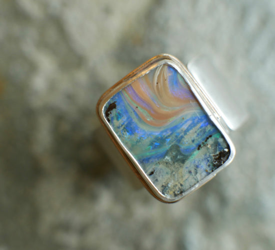 Renaissance Sky — A Landscape Boulder Opal Statement Ring in Sterling Silver and 14kt Gold — Size 9